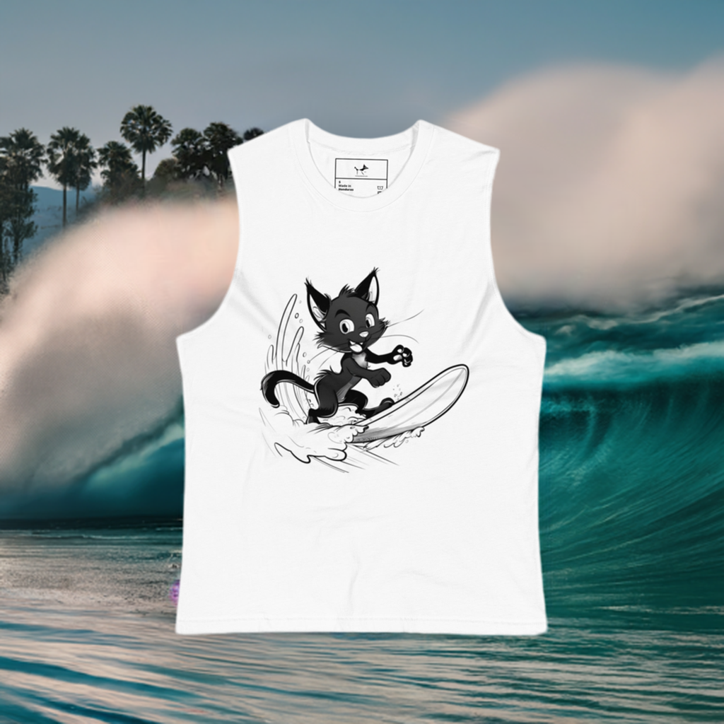 Cats Who Surf Unisex Muscle Shirt: Kitty Surfer