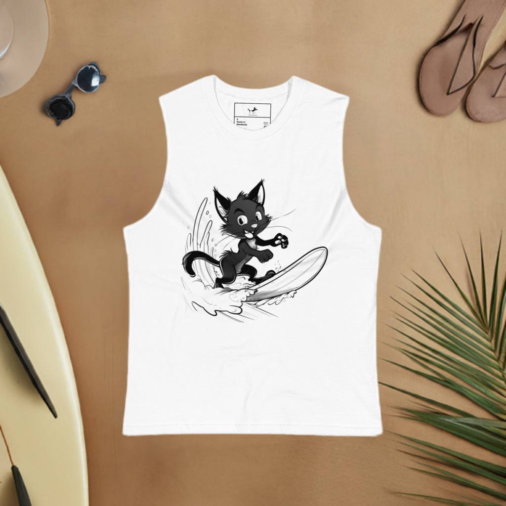 Cats Who Surf Unisex Muscle Shirt: Kitty Surfer